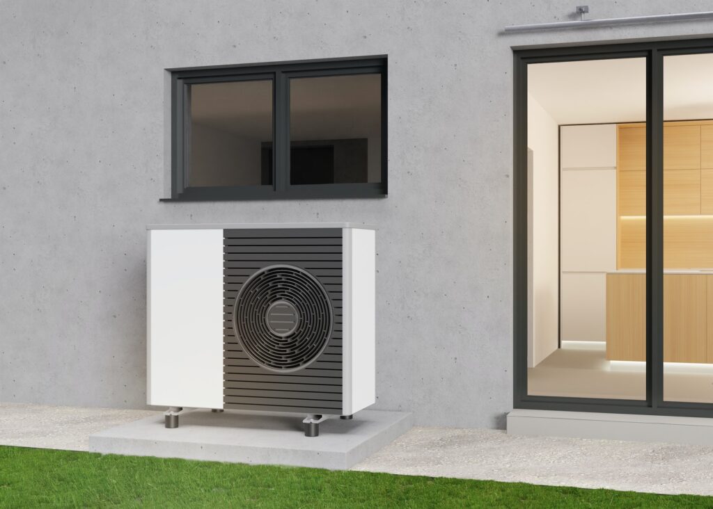 Air heat pump standing outdoors. Modern, environmentally friendly heating